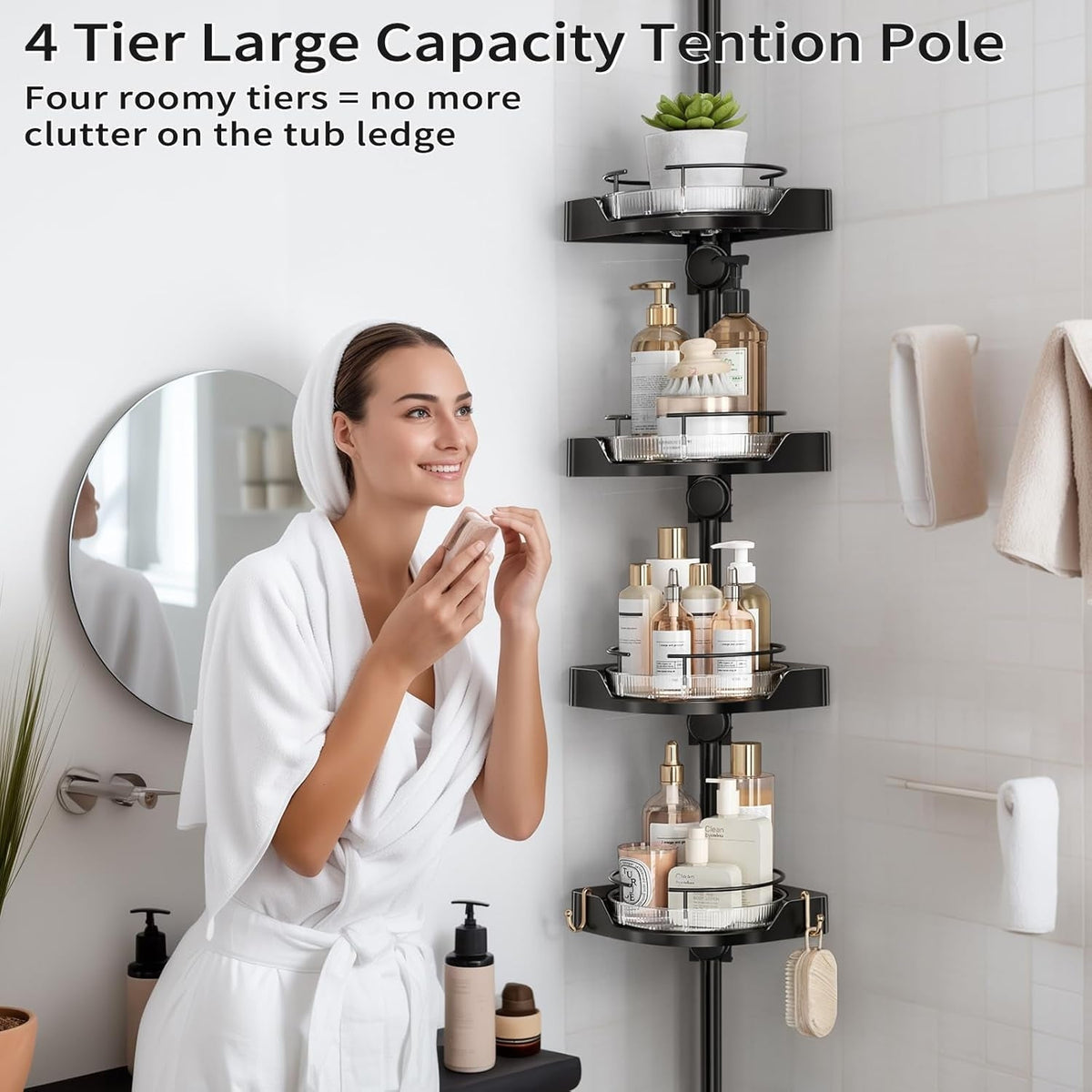shuang qing 360°  Corner Shower Caddy Tension Pole Organizer - 4-Tier Adjustable Rustproof Metal Pole, Plastic Shelves with Safety Guardrail, Bathroom Storage for Shower & Bathtub