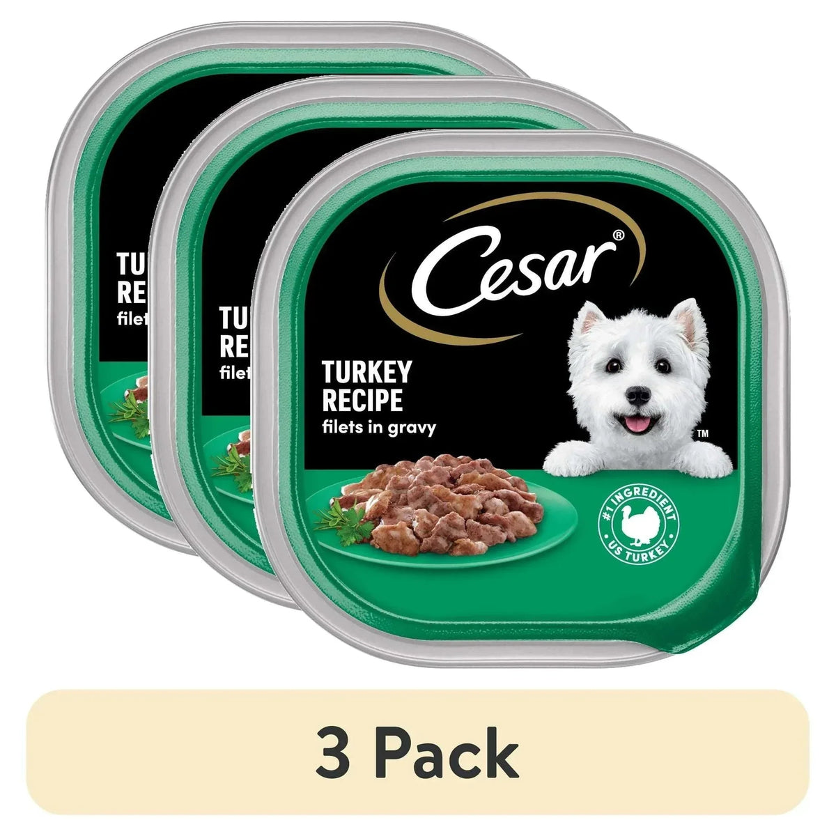 (3 pack) Cesar Filets in Gravy Turkey Recipe Flavor Adult Wet Dog Food, 3.5 oz Tray