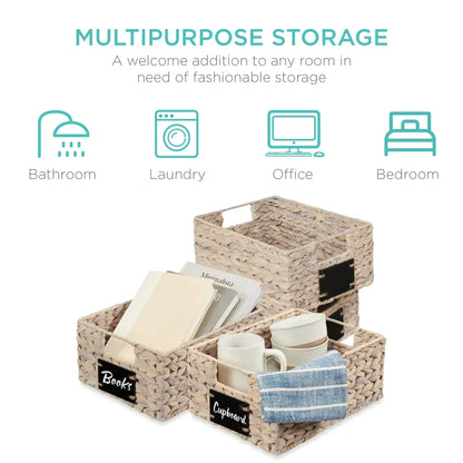 Best Choice Products Set of 4 12in Woven Water Hyacinth Pantry Baskets w/ Chalkboard Label, Chalk Marker