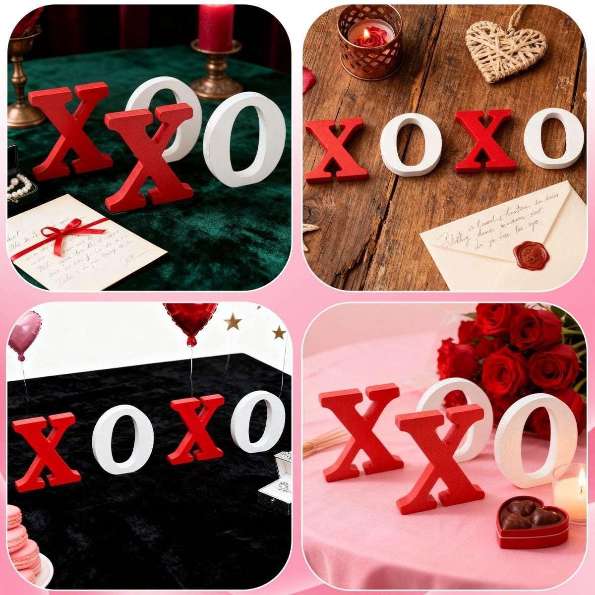 Wooden XOXO Tabletop Sign - Red and White Valentine's Day Decor for Home,Wedding,Table,Shelf,and Mantel Displays